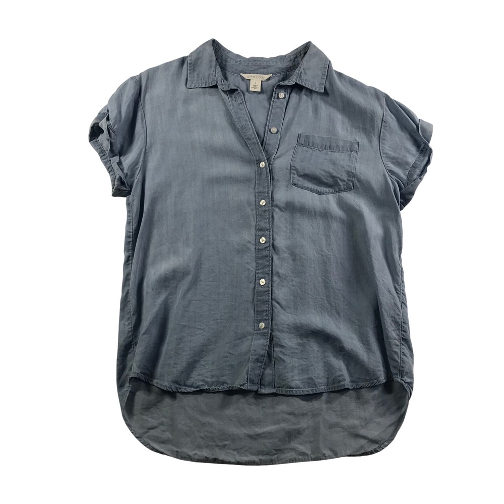 Caslon Womens Short Sleeve Tencel Lyocell Chambray Button Down Shirt Blue Size S